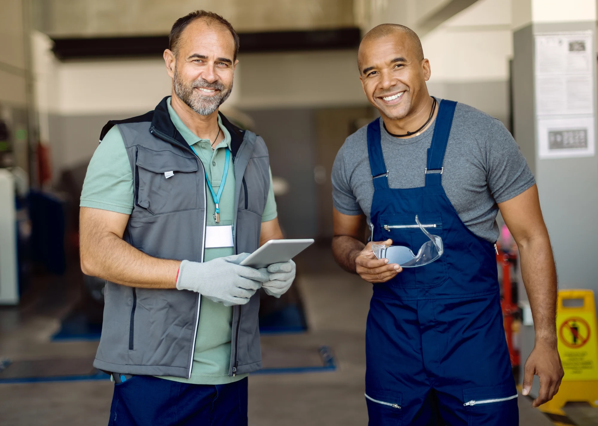 Happy auto mechanics working together